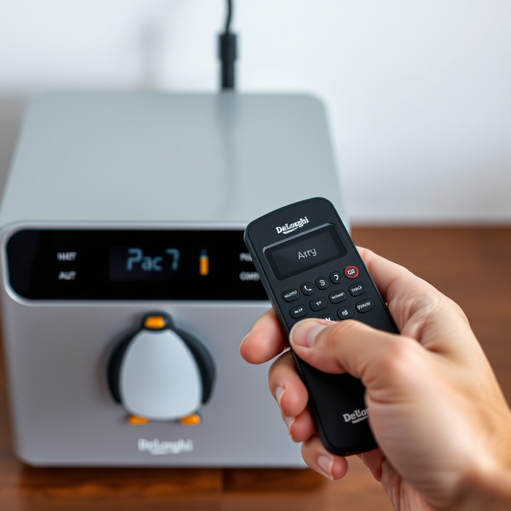 <clean photorealistic photo/illustration of a person holding a De'Longhi remote control wi