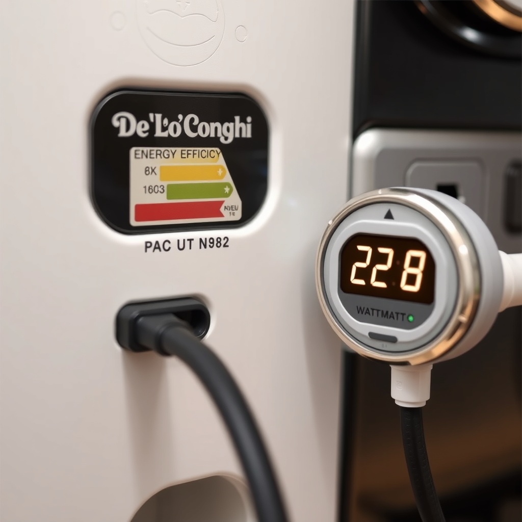 A photorealistic close-up of the De'Longhi Pinguino PAC N82 control panel showing the ener