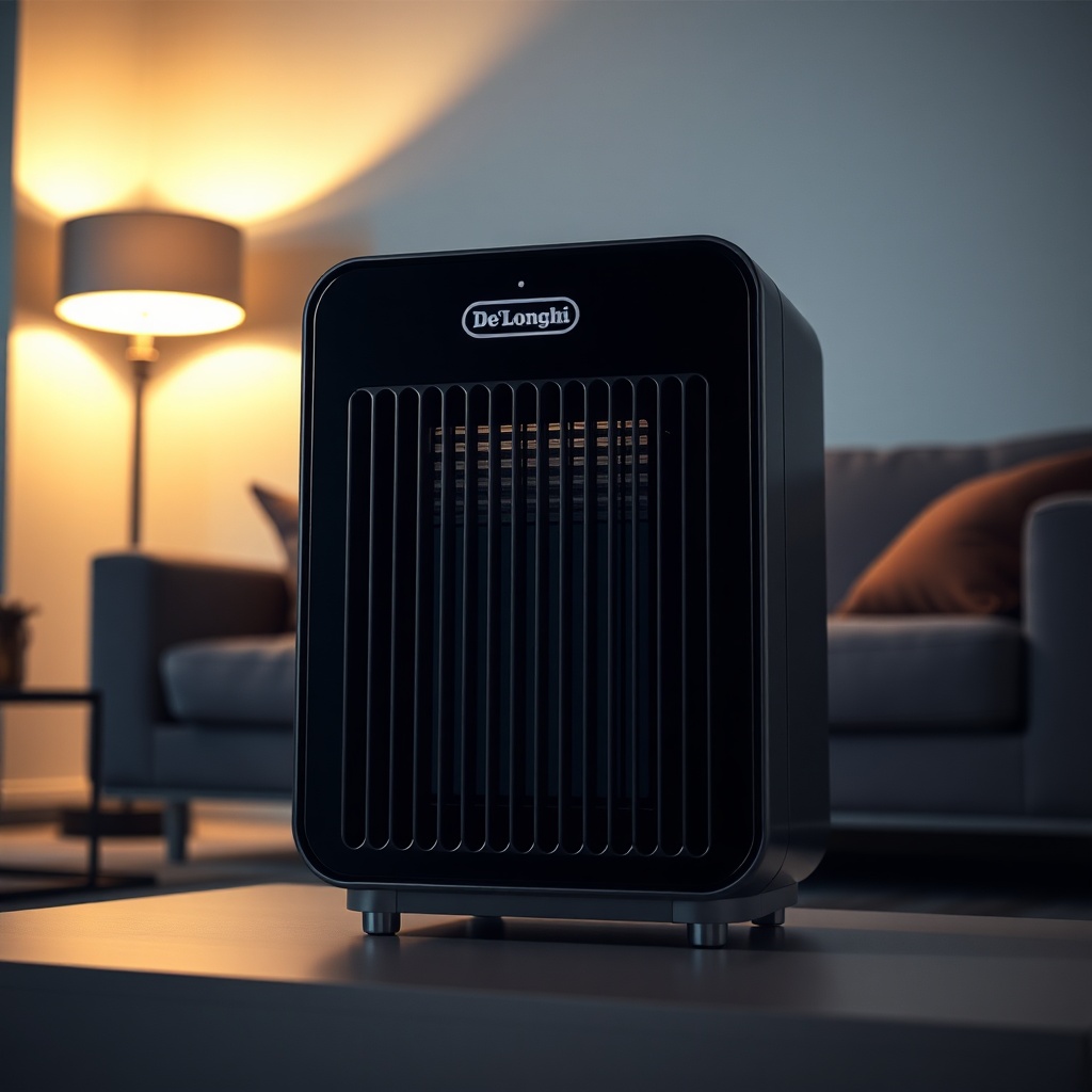 A realistic photo of the De'Longhi Pinguino PAC N82 placed in a modern living room at nigh