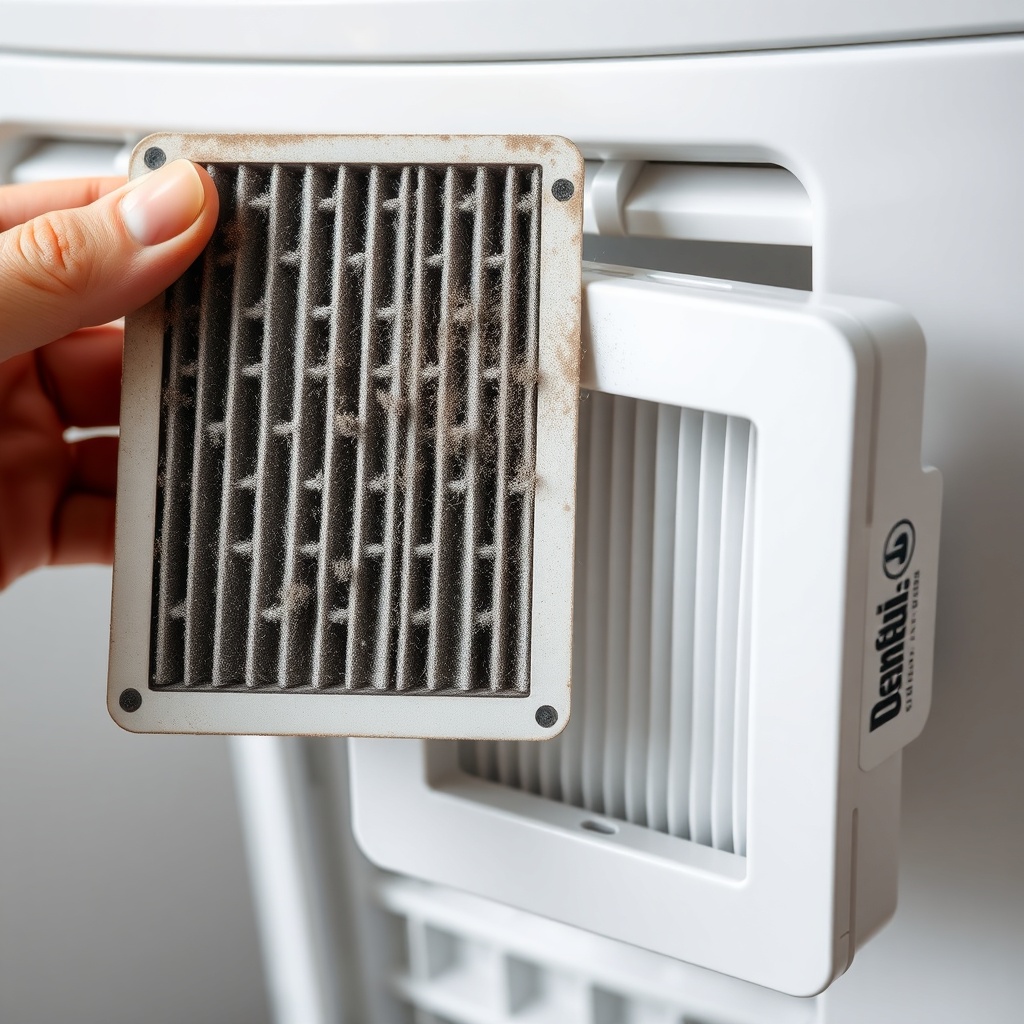 A close-up realistic photo of a dirty grey air filter being held next to a clean white De'