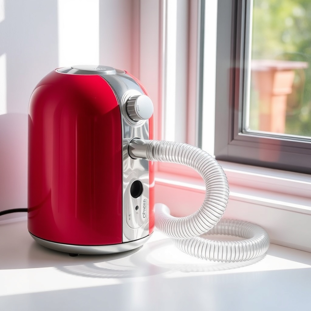 A clean product-style photo of a De'Longhi Pinguino PAC N82 with the exhaust hose attached