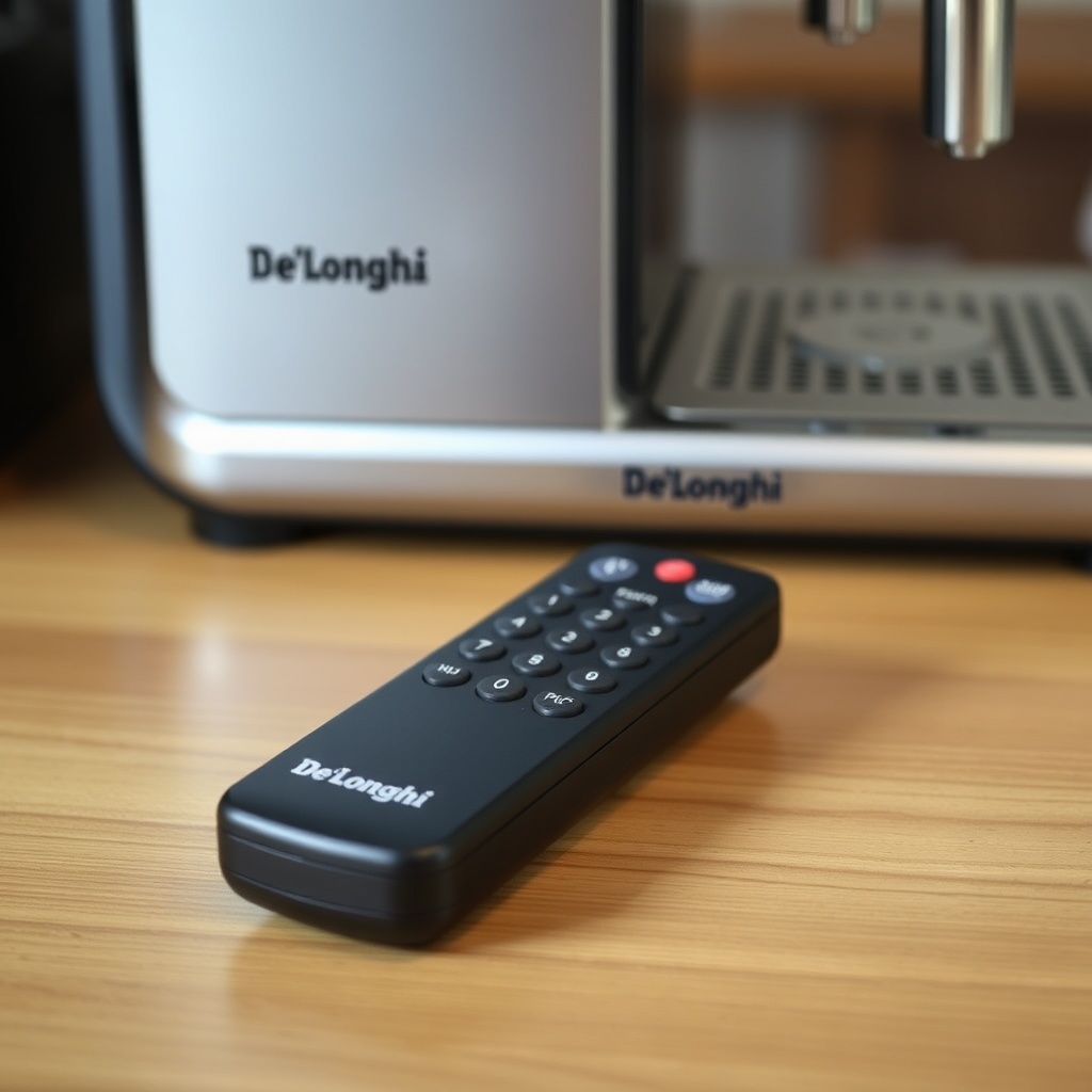 a product shot of the original De'Longhi RC-70 remote control lying on a wooden table next