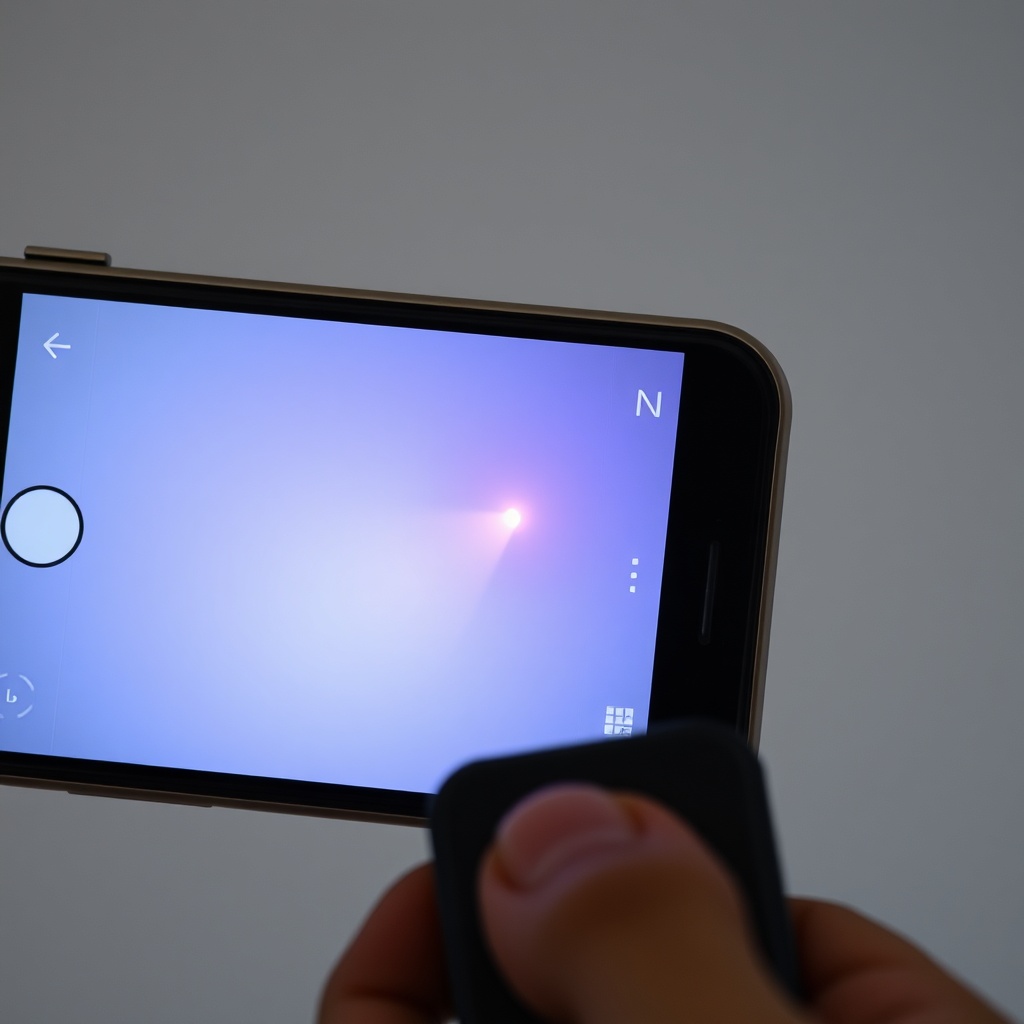 a close-up of a smartphone camera showing an infrared remote LED glowing purplish-white
