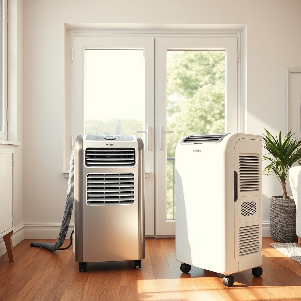 A clean photorealistic photo of two mobile air conditioners side by side on a wooden floor