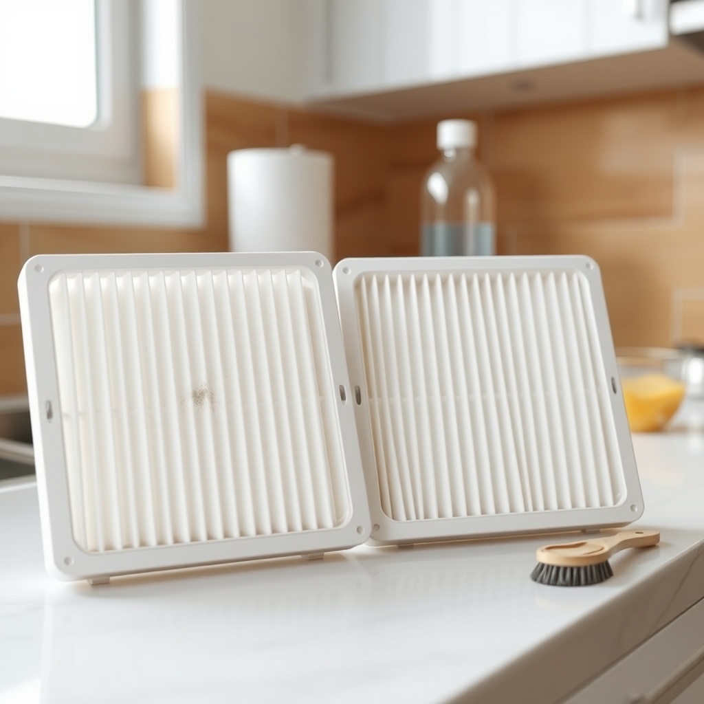 A photorealistic close-up illustration of two white plastic air conditioner filters lying