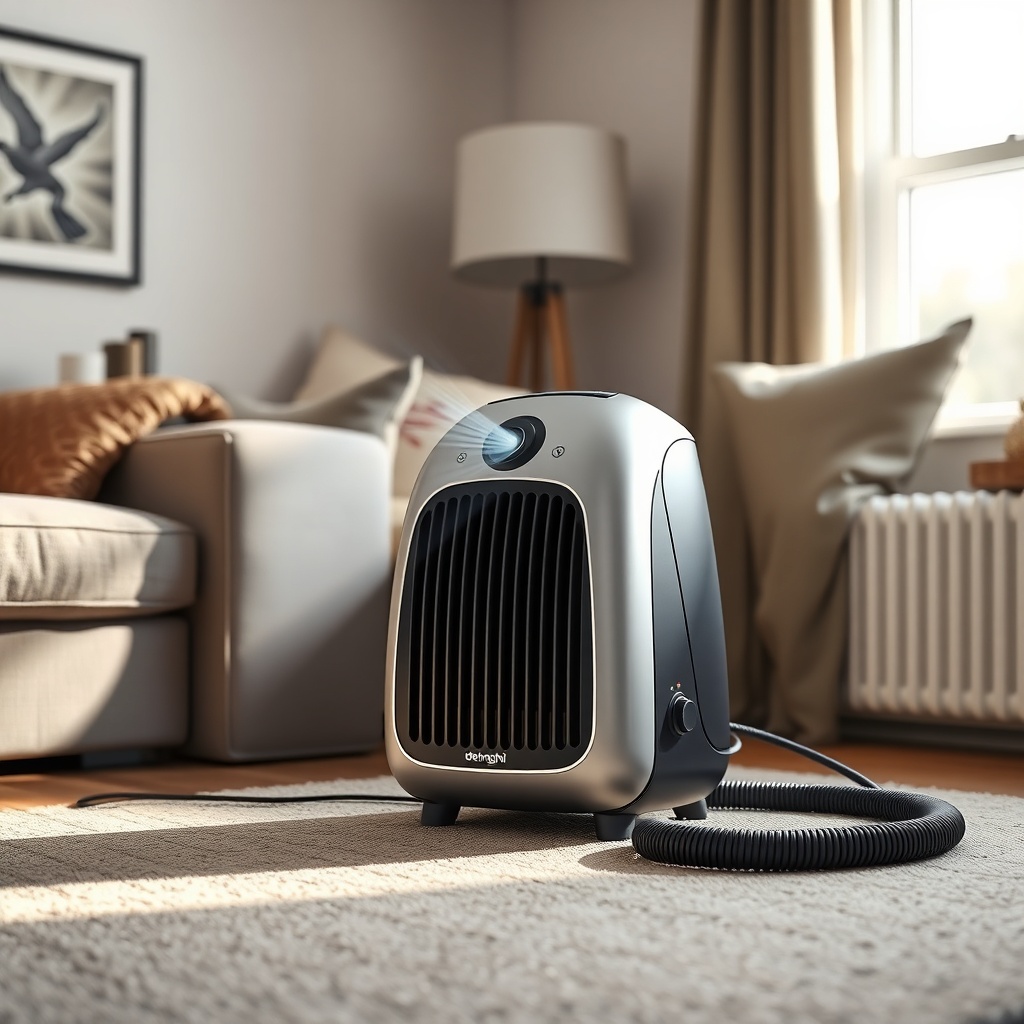 A photorealistic shot of a De'Longhi Pinguino PAC N82 in a medium-sized living room
