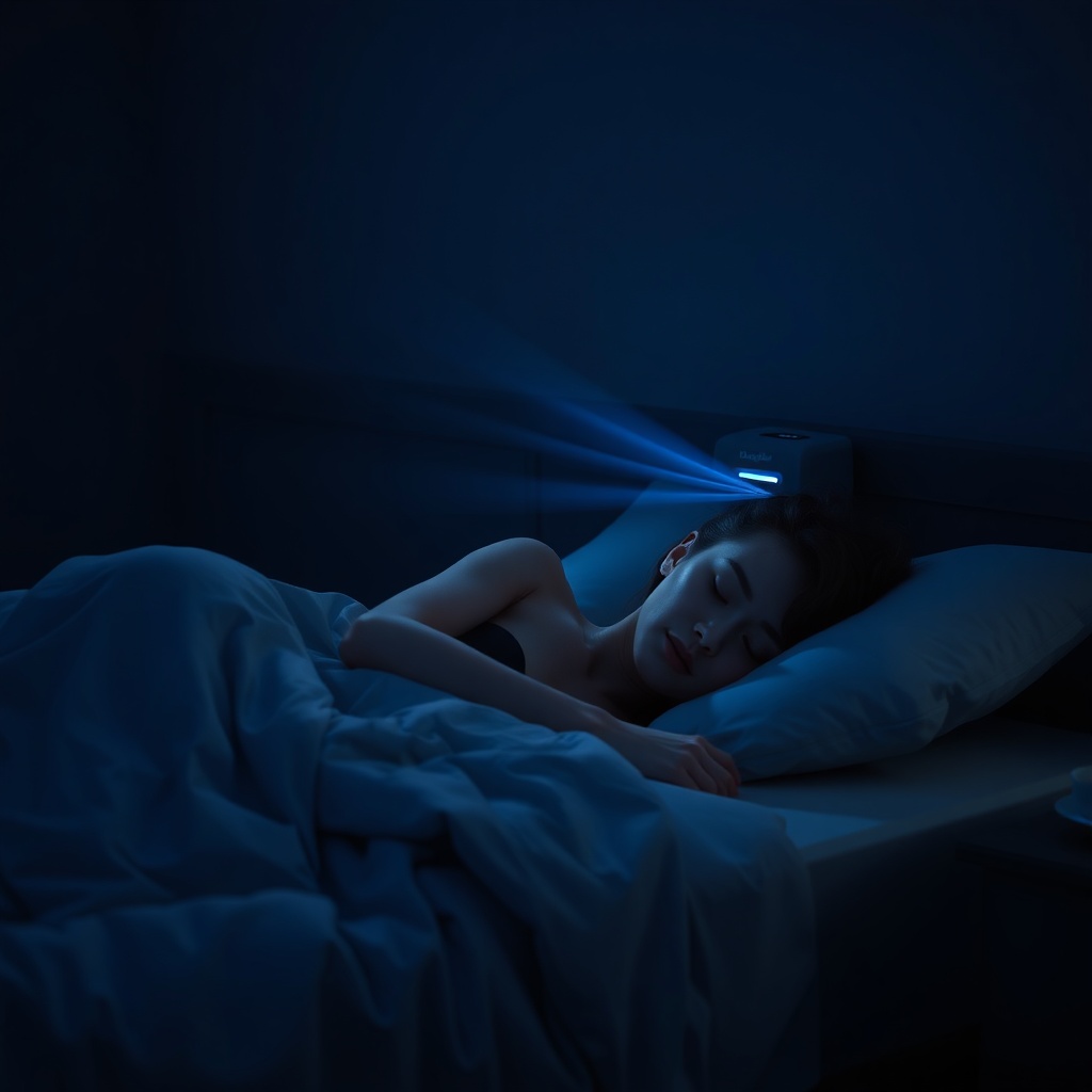 A clean photorealistic photo of a person sleeping in a bedroom with a De'Longhi Pinguino P