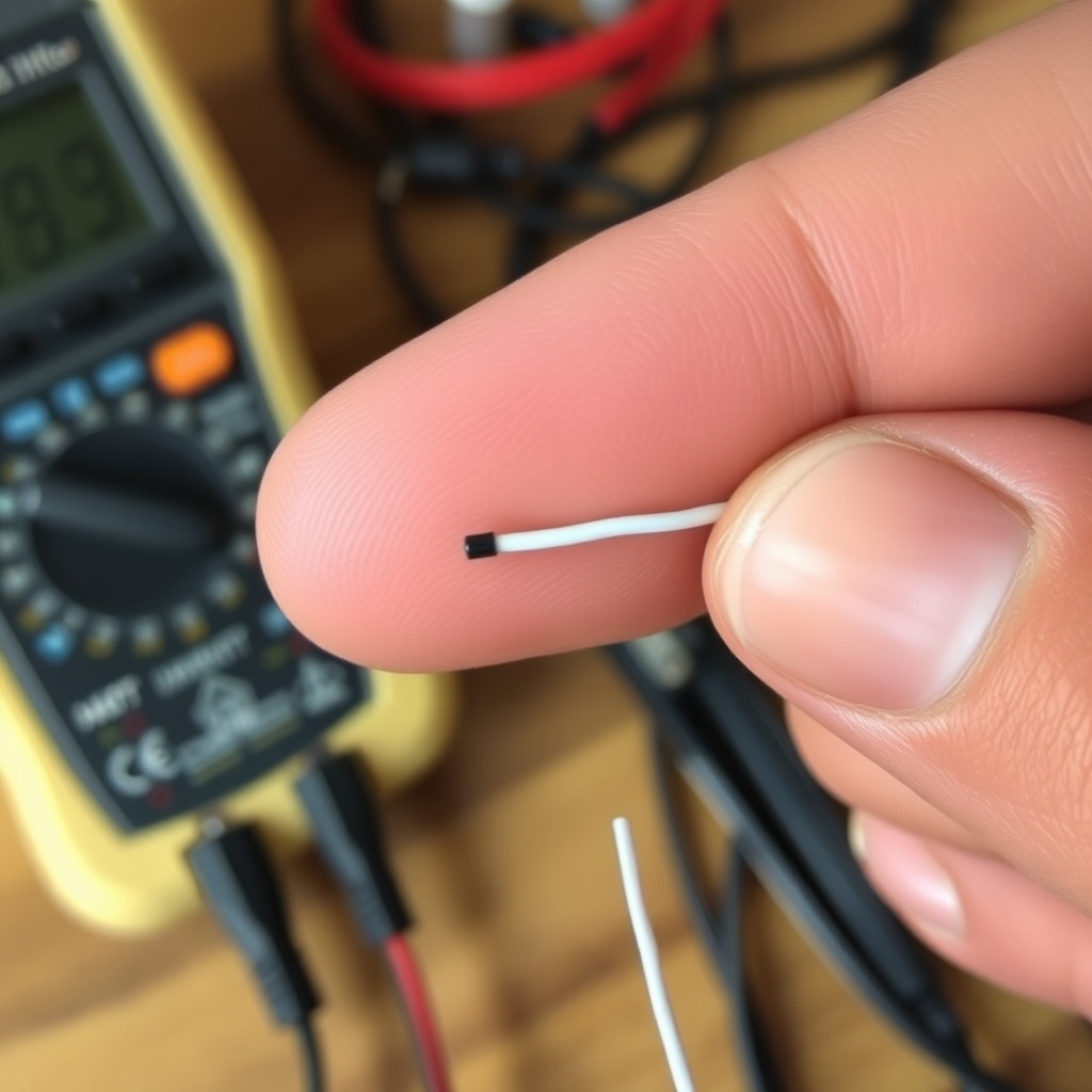 A realistic close-up photo of a white wire with a small black sensor tip (NTC temperature