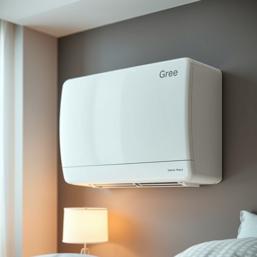 Close-up photorealistic photo of a white Gree GWH09AAA-K3NNA2A indoor unit mounted on a wa