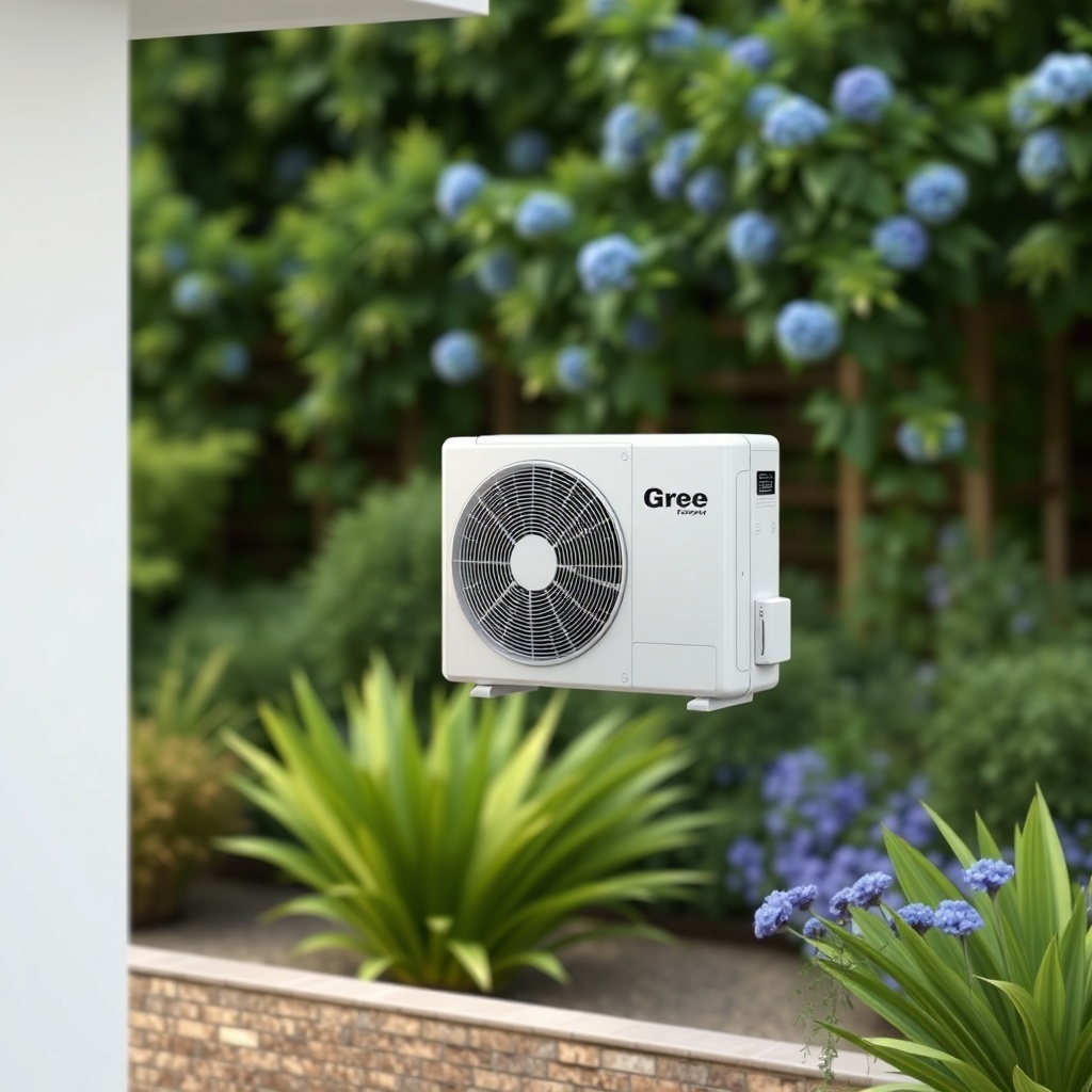 Photorealistic photo of a white Gree GWH09AAA-K3NNA2A outdoor unit mounted on a house wall