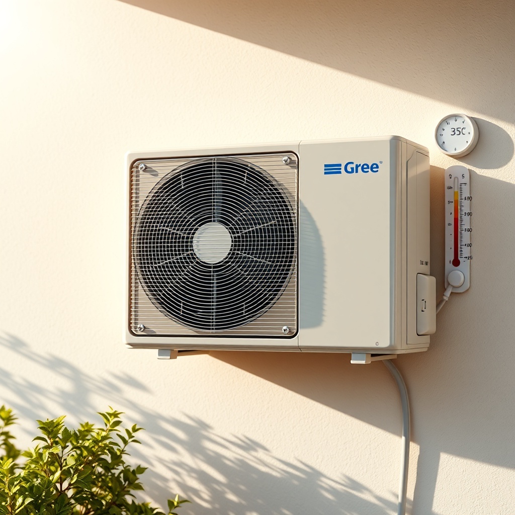 A clean photorealistic photo of the Gree GWH09AAA-K3NNA2A outdoor unit mounted on a wall i