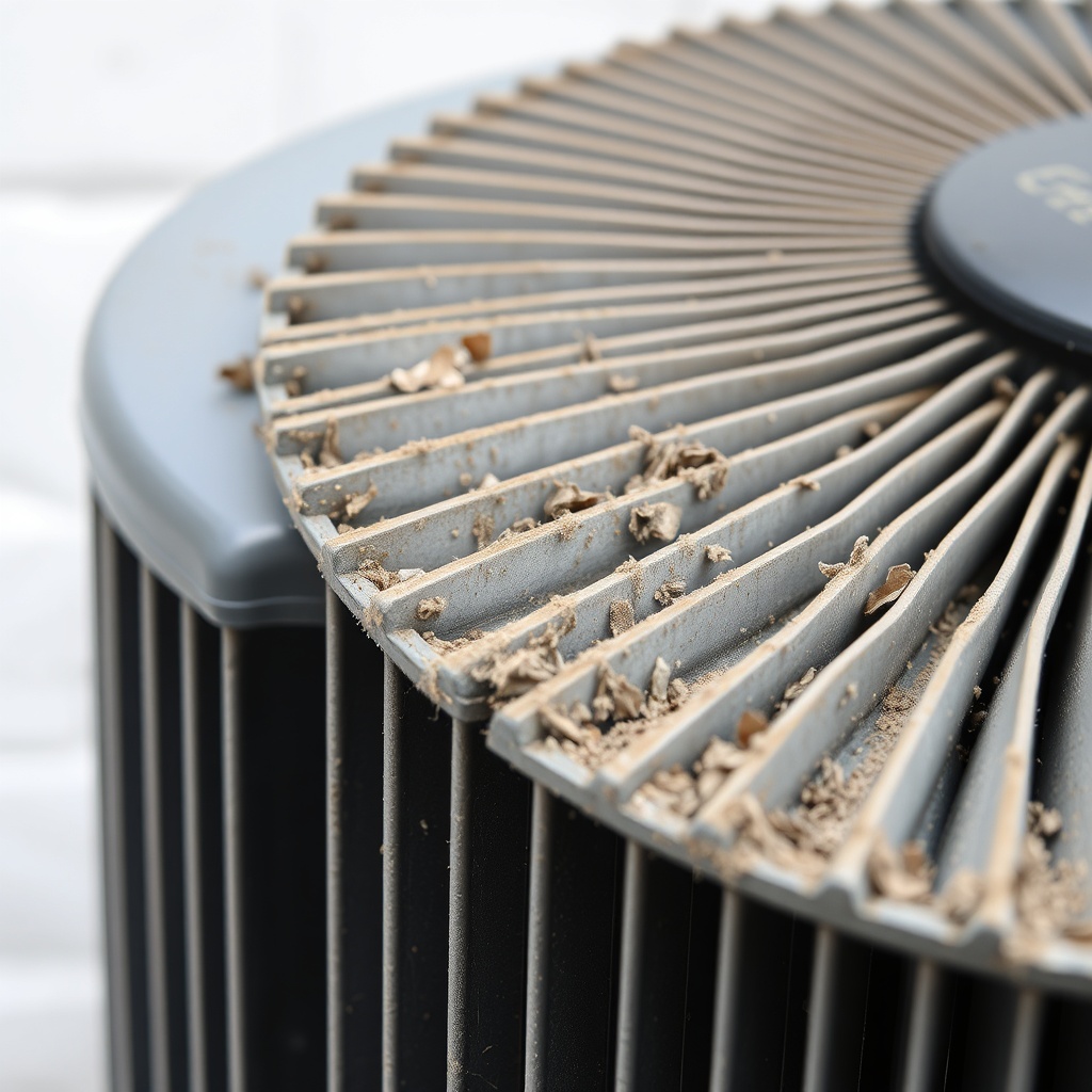 Close-up photograph of a dusty Gree GWH09AAA-K3NNA2A outdoor unit condenser coils with vis
