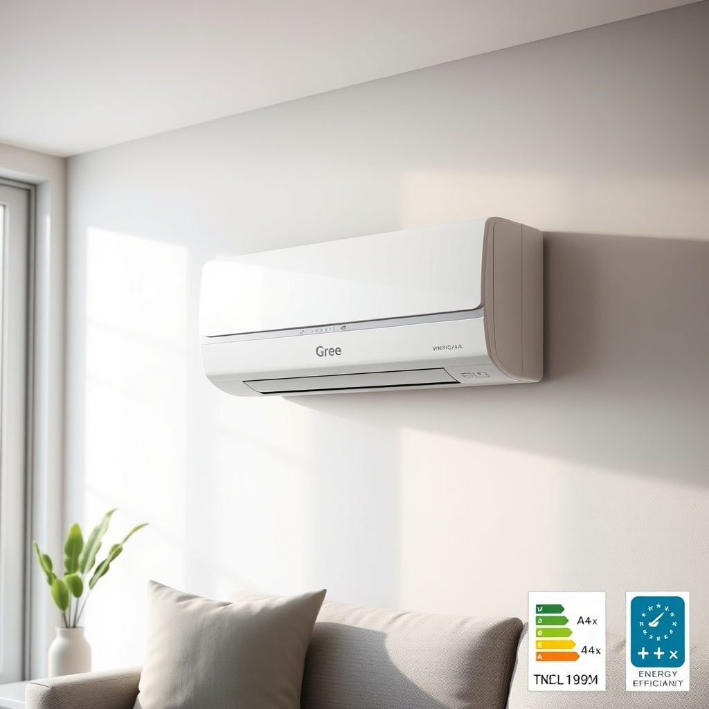 A clean photorealistic photo of the white Gree GWH09AAA-K3NNA2A indoor unit mounted on a w