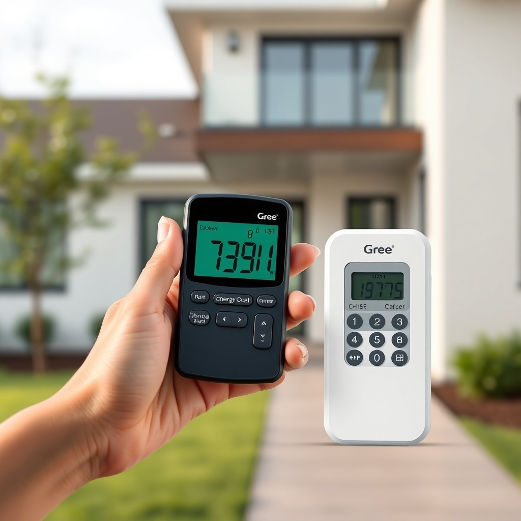 A photorealistic photo of a hand holding a digital energy cost calculator next to a Gree G