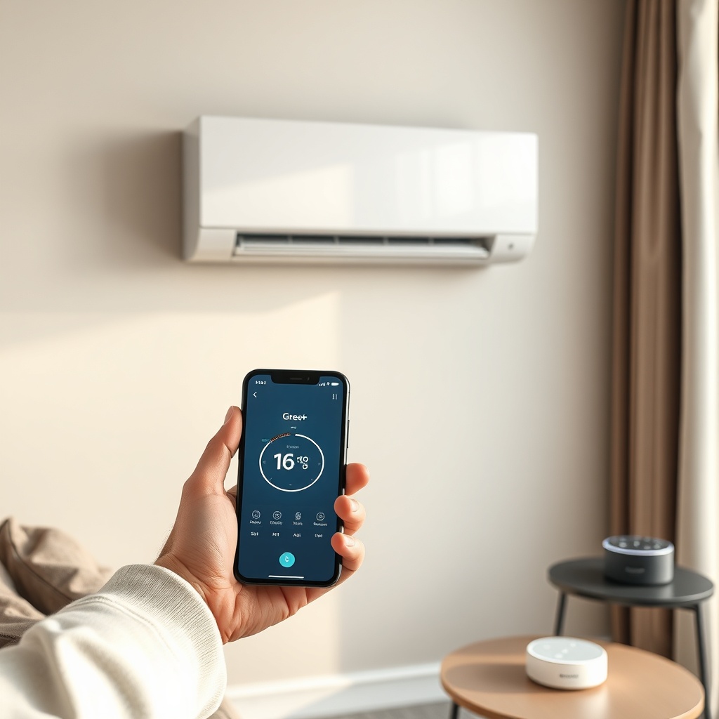 A photorealistic close-up of a living room with a sleek white split air conditioner unit a