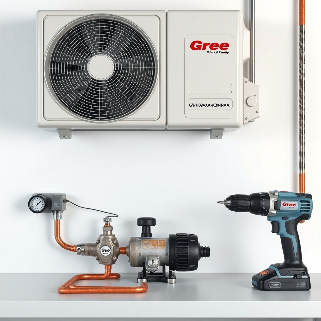 A clean photorealistic photo of a workbench with a Gree GWH09AAA-K3NNA2A indoor unit
