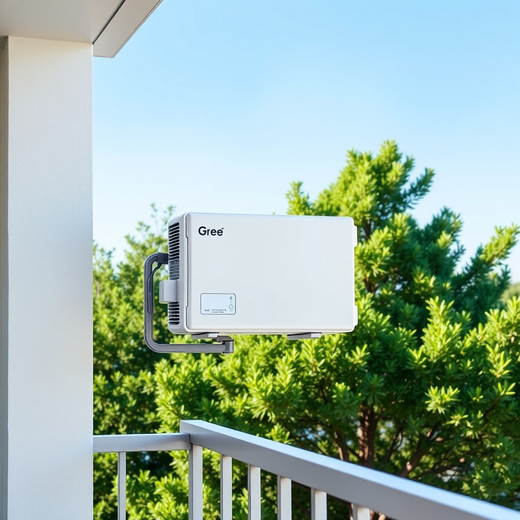 A clean photorealistic photo of the outdoor unit of the Gree GWH09AAA-K3NNA2A mounted on a