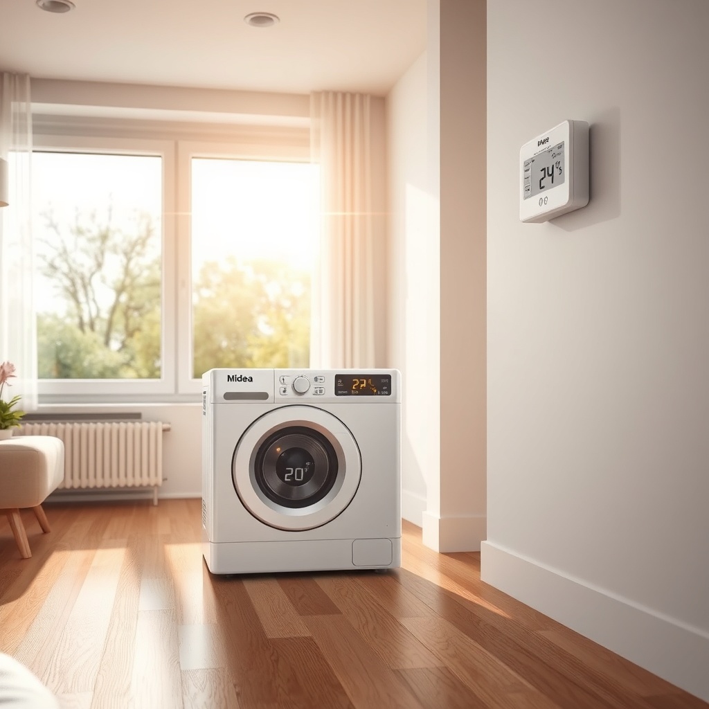 Eine Photorealismus-Darstellung der Midea MAW05M1BWT in einem modernen Wohnzimmer