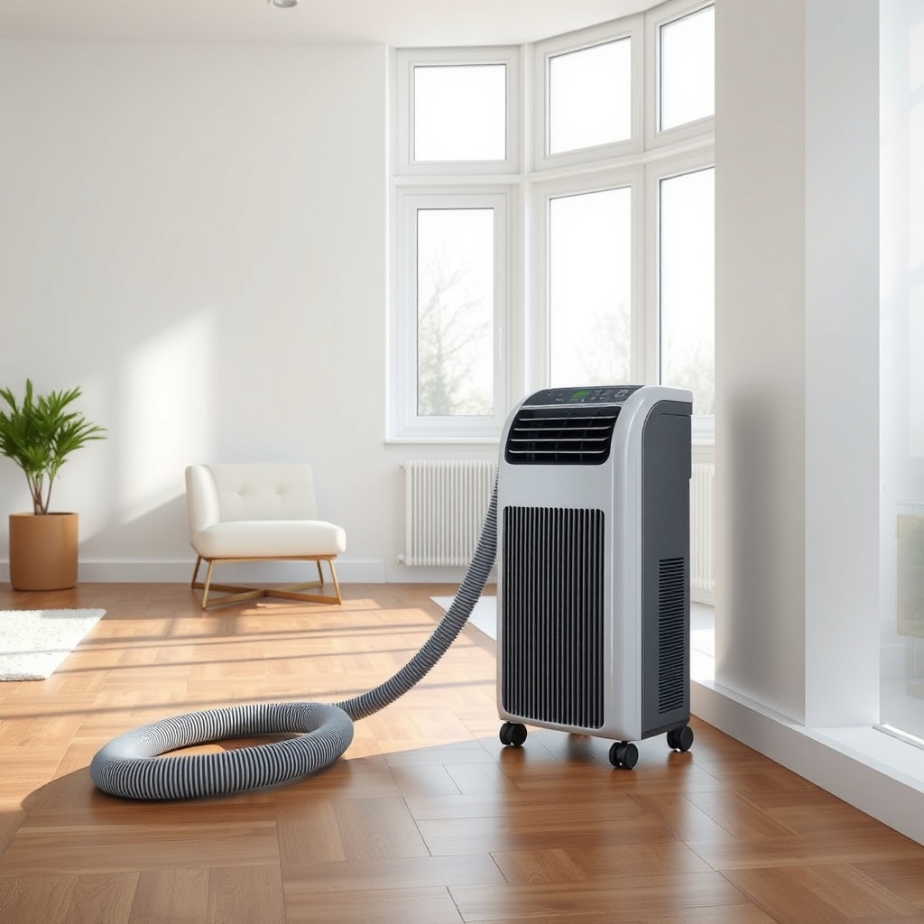 A modern mobile air conditioner unit placed on a wooden floor near a window