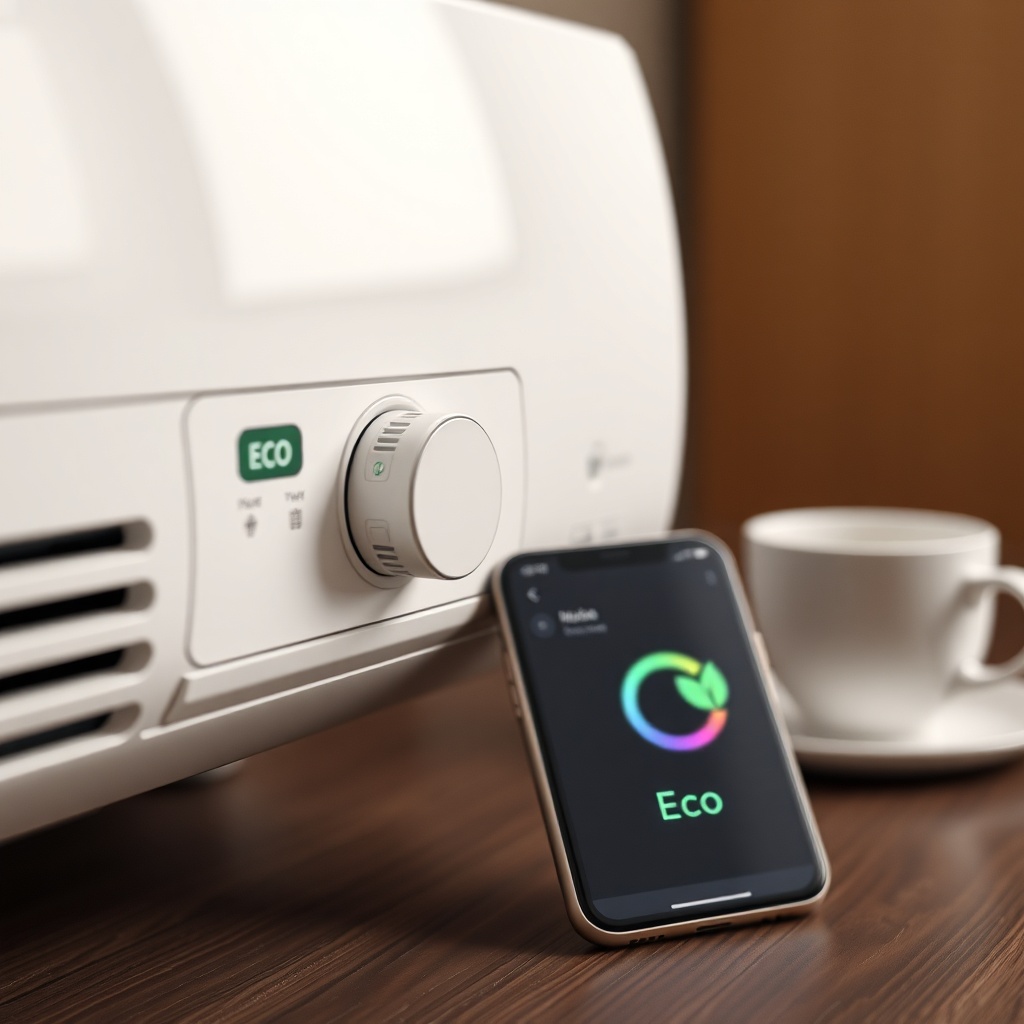 A clean close-up of a white air conditioner control panel displaying the Eco mode with a l
