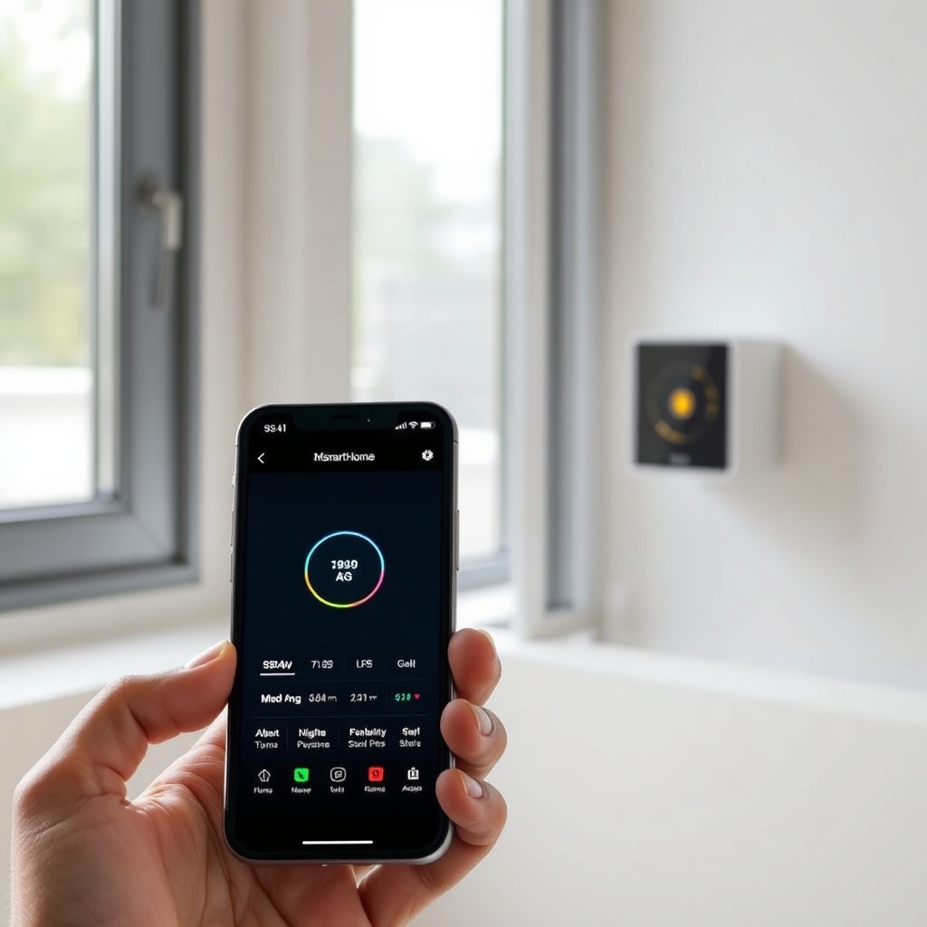 A photorealistic photo of a person holding a smartphone showing the MSmartHome app interfa