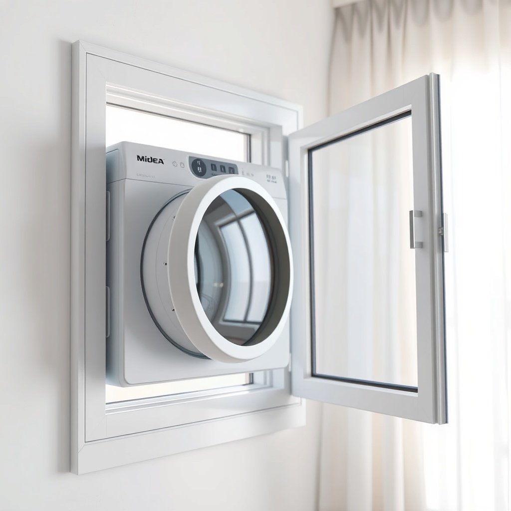A photorealistic close-up of a Midea MAW05M1BWT installed in an open window with white sea