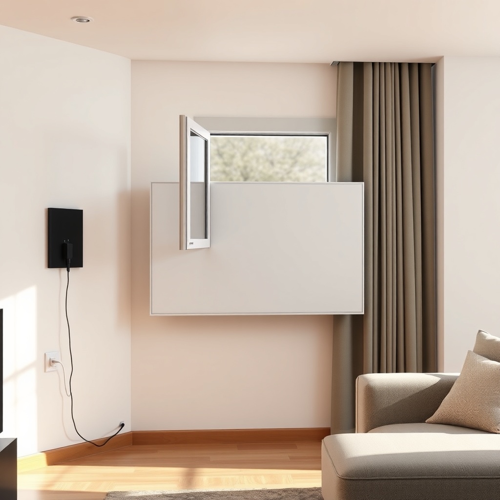 A modern living room with a window slightly open and the Midea MAW05M1BWT installed in the