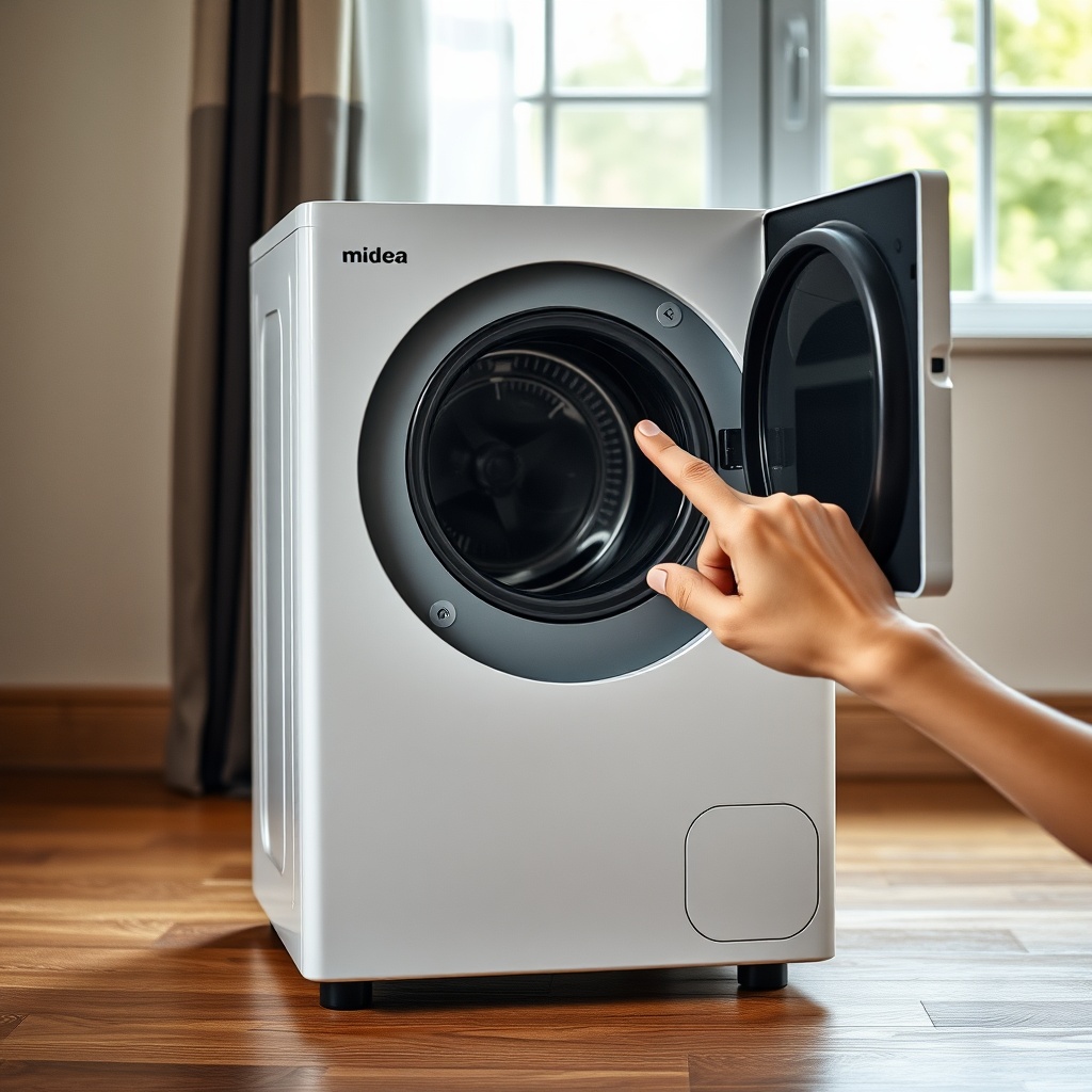 A clean photorealistic photo of a Midea MAW05M1BWT standing on a wooden floor