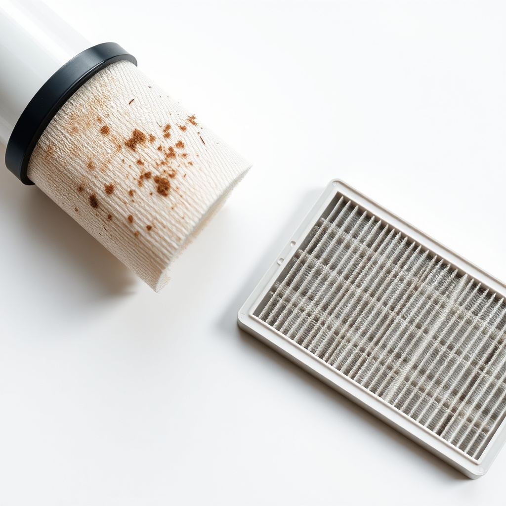 A photorealistic close-up photo of a Midea MAW05M1BWT filter being removed from the unit