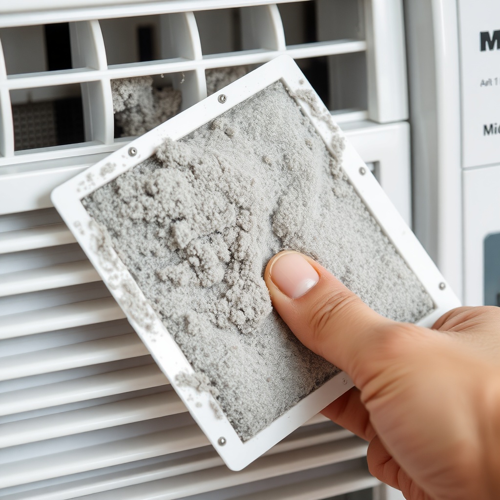 Close-up of a hand removing a heavily dust-clogged washable air filter from a Midea MAW05M