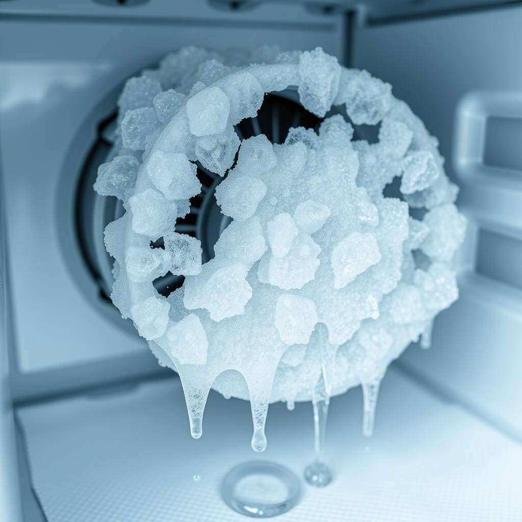 Photorealistic close-up of a frozen evaporator coil inside a Midea MAW05M1BWT