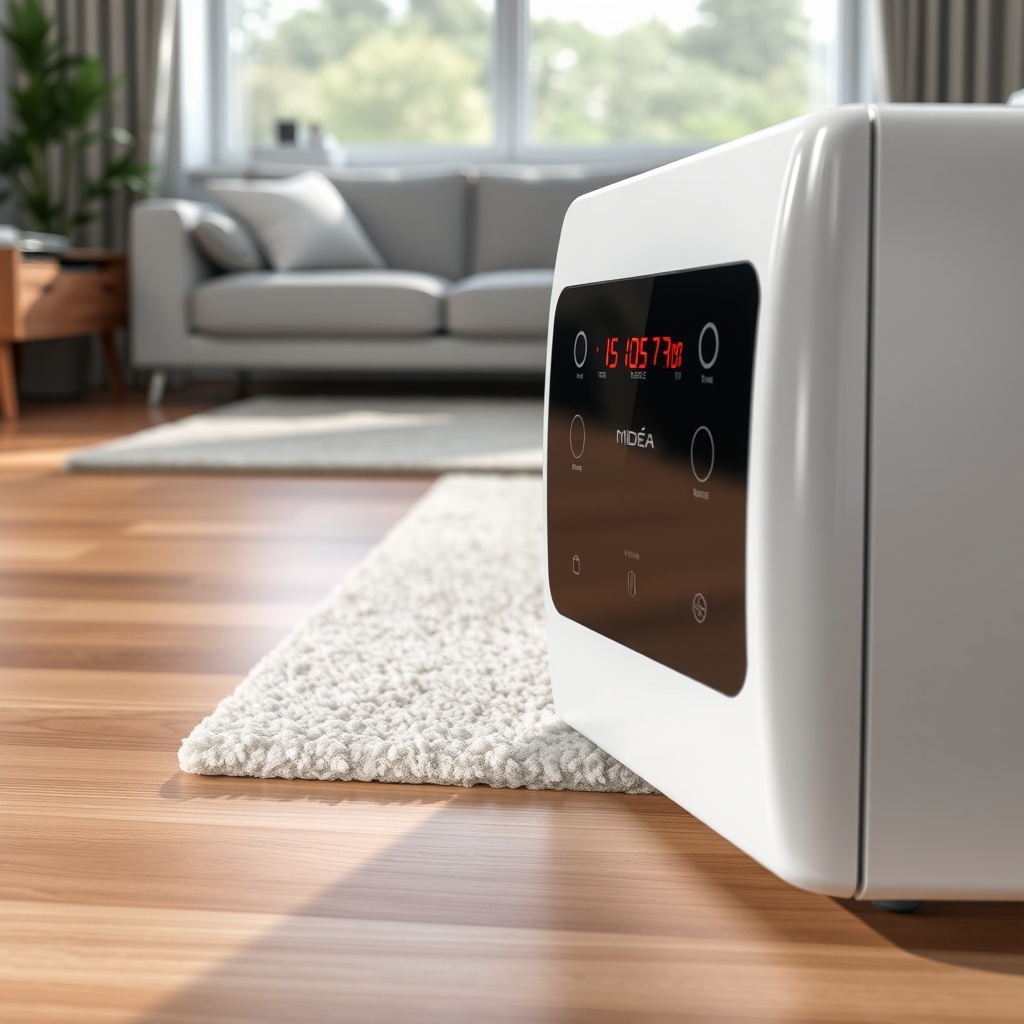 A photorealistic close-up photo of the Midea MAW05M1BWT front panel with its control butto