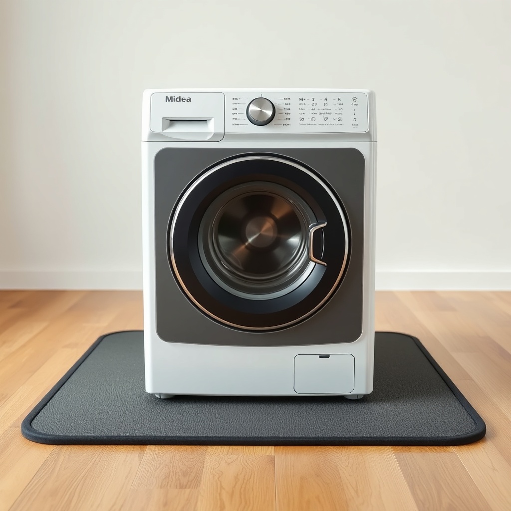 A photorealistic photo showing the Midea MAW05M1BWT placed on a thick rubber mat on a wood
