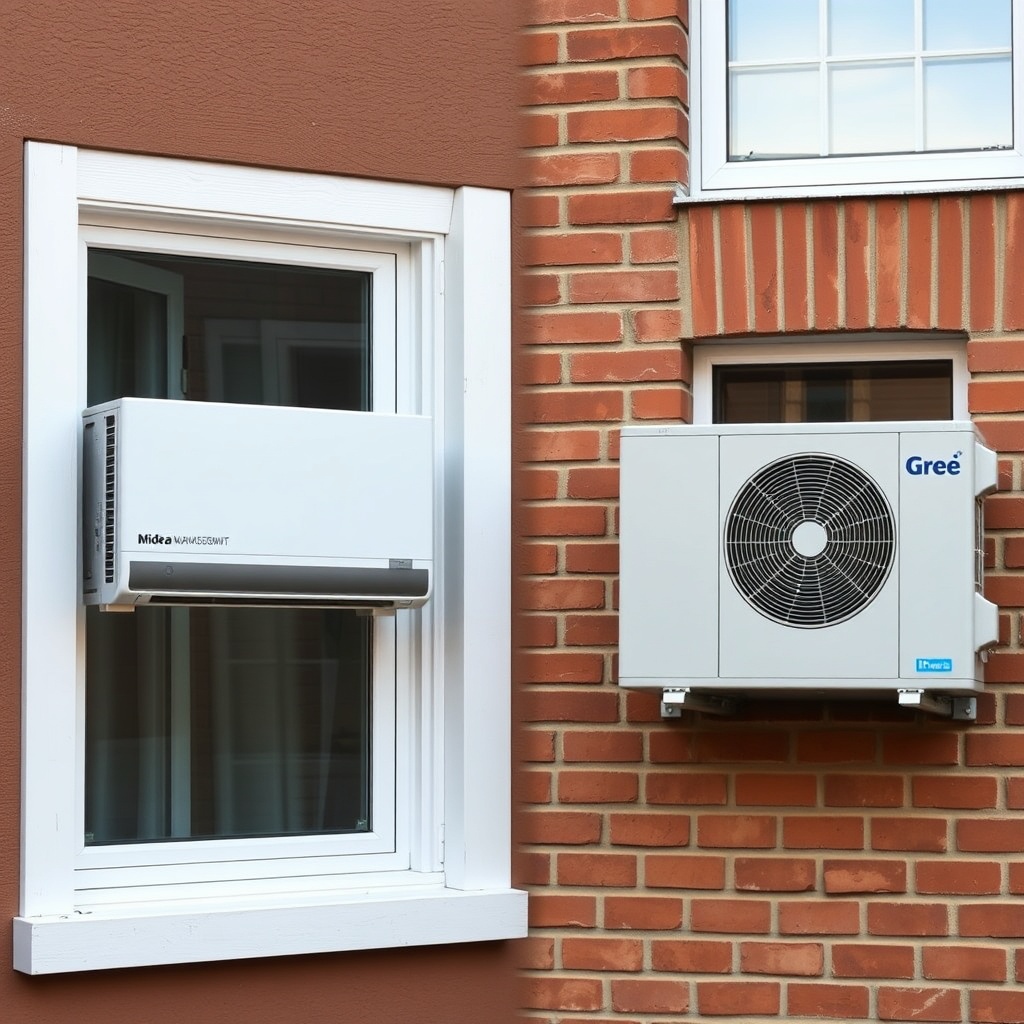 A photo showing a Midea MAW05M1BWT unit installed in a white wooden window frame on the le
