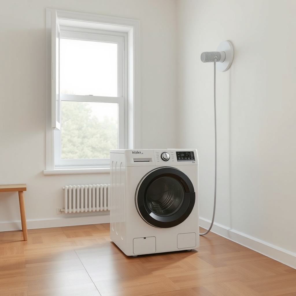 A clean photorealistic photo of a Midea MAW05M1BWT standing on a wooden floor in a bright