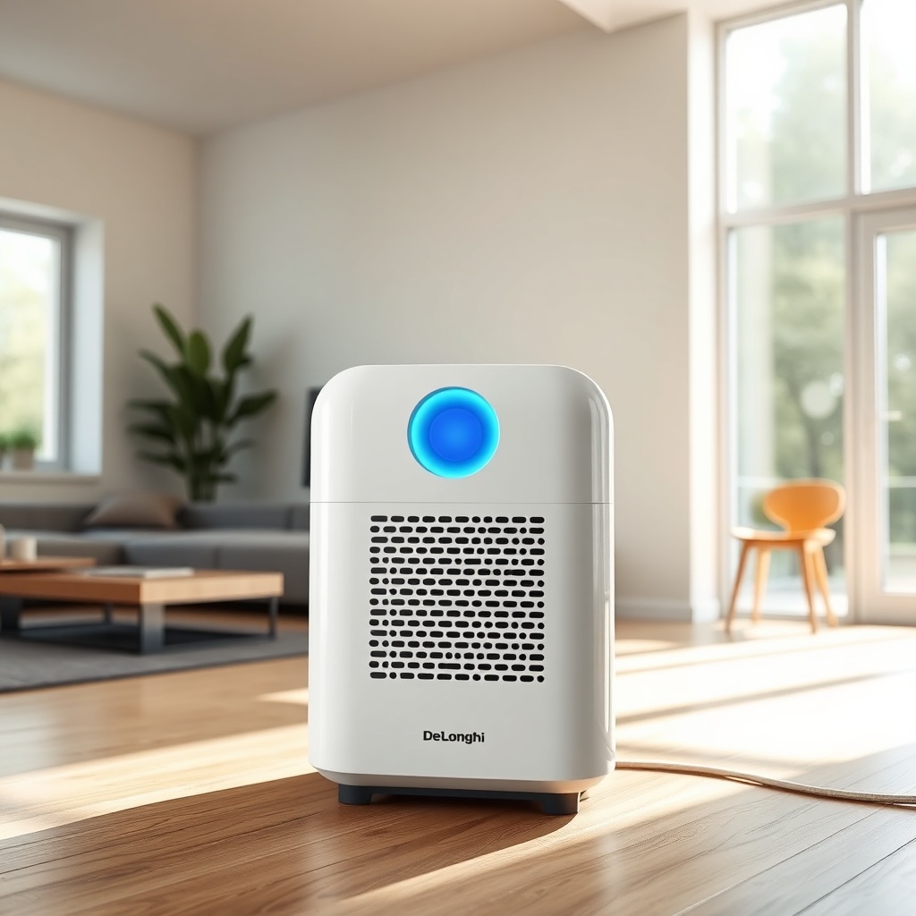 A photorealistic photo of the De'Longhi Pinguino PAC N82 standing in a modern living room