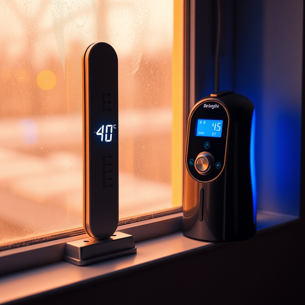 A photorealistic photo of a thermometer outside a window showing 40°C while the De'Longhi